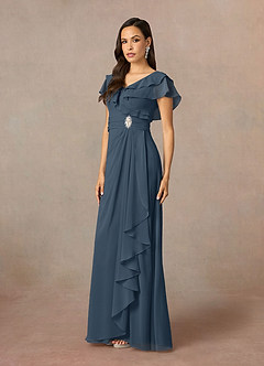 Azazie Snapdragon Mère de la mariée Robes Robe Trapèze en Mousseline de soie Col en V froncé Neptune image2