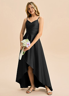 Azazie Eirlys Junior Black A-Line Pleated Stretch Satin Dress image4