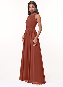 Azazie Harper Robes de demoiselle d'honneur Robe Trapèze en Mousseline de soie Plissée Auburn image3