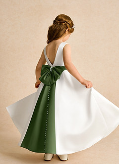 Azazie Cherry Flower Girl Dresses Ivory Olive Ball-Gown Pleated Matte Satin Dress image4