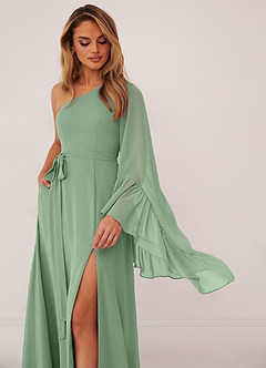 Barbie ♥ Azazie Bridesmaid Dresses Matcha A-Line Long Sleeve Chiffon Dress image5
