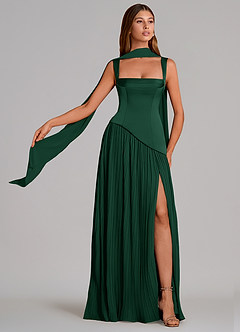 Azazie Stephanie Bridesmaid Dresses Dark Green A-Line Pleated Stretch Satin Dress image1