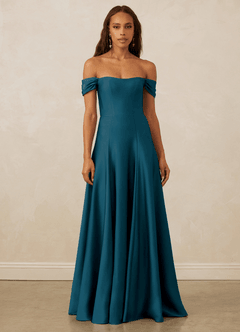 Christian Siriano Bridal for Azazie 1002 Bridesmaid Dresses Ink Blue A-Line Off the Shoulder Stretch Satin Convertible Dress image2