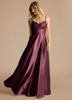 Azazie Oliana Bridesmaid Dresses Cabernet A-Line Pleated Metallic Satin Dress image2