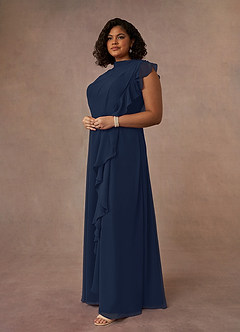 Azazie Narine Mother of the Bride Dresses Dark Navy A-Line High Neckline Pleated Chiffon Dress image15