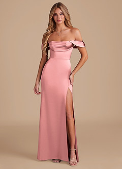 Azazie Saige Brautjungfernkleider Wandelbar A-Linie Schulterfrei Metallischer Satin Kleid Rosettenrosa image5