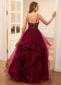 Zinnia Burgundy A-line Floral V-neck Tulle Tier Prom Dress image2
