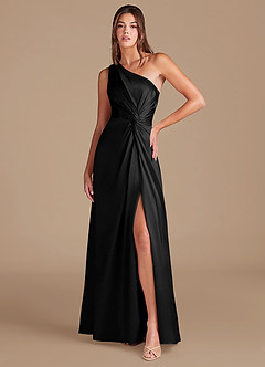 Azazie Brooke Jurken voor bruidsmeisjes Jurk van Metaalachtig Satijn met A-Lijn One-Shoulder Zwart image1