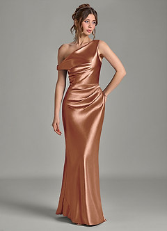 Azazie Emerson Robes de demoiselle d'honneur Robe Sirène en Satiné métallisé Épaule décolletée Bronze image4