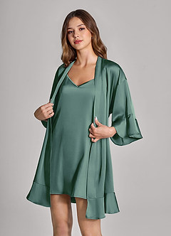 front Matching Color 2-Piece Ruffle Satin Robe and Slip Set