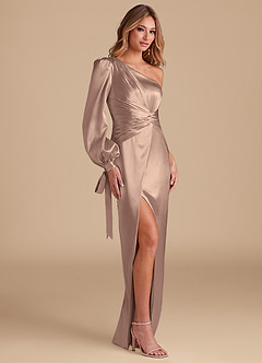 Azazie Asher Final Sale Taupe Sheath One Shoulder Metallic Satin Dress image3