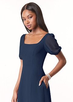 Azazie Alani Vestidos de madrinha de casamento Vestir Azul Marinho de Chiffon de Linha A com com bolsos image4