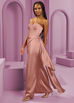 Barbie ♥ Azazie Vestidos de damas de honor Vestido de Rosetón de Satén Elástico de Corte Recto Convertible con Sin tirantes image6