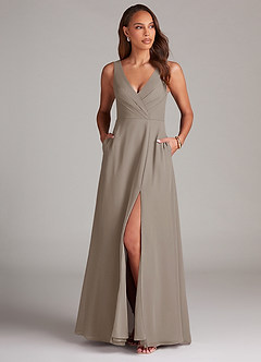 Azazie Nelly Robes de demoiselle d'honneur Robe Trapèze en Mousseline de soie Plissée Taupe image2