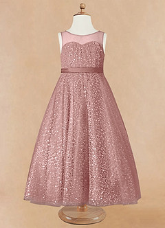 Azazie Siwa Robe Demoiselle D'honneur Fillette Robe Trapèze en Tulle Perlé Rose Poussiéreuse image5