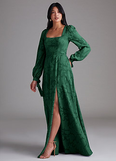 Azazie Leonia Bridesmaid Dresses Dark Green A-Line Long Sleeve Floral Burnout Dress image2