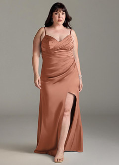 Azazie Yola Bridesmaid Dresses Bronzer Sheath V-Neck Pleated Stretch Satin Convertible Dress image9