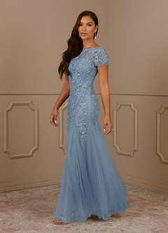 Azazie Laurie vestidos de madre de la novia Vestido de Azul Polvoriento de Tul de Sirena con Scoop Lentejuelas image3