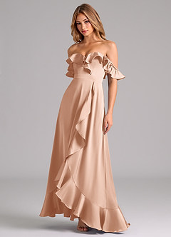 Azazie Lyra Robes de demoiselle d'honneur Robe Trapèze Convertible en Satin extensible Épaule décolletée Or Rose image4