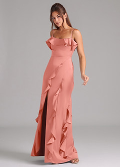 Azazie Malia Bridesmaid Dresses Coral A-Line Side Slit Stretch Satin Dress image4