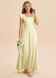 Azazie Bondi Junior Lemon Sorbet A-Line Side Slit Stretch Satin Dress image4