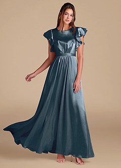 Azazie Daphne Modest Bridesmaid Dresses A-Line Ruched Metallic Satin Floor-Length Dress image1