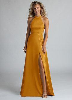 Azazie Clarice Bridesmaid Dresses Butterscotch A-Line High Neck Stretch Satin Dress image4