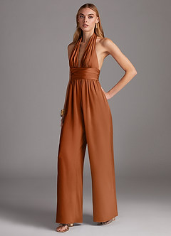 Azazie Oli Bridesmaid Dresses Copper Pleated Stretch Satin Jumpsuit image1
