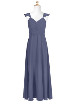 Azazie Emily Junior Robe Trapèze en Mousseline de soie Rayé Bleu Orageux image5