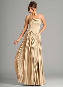 Azazie Saedra Bridesmaid Dresses Champagne A-Line Corset Stretch Satin Dress image1