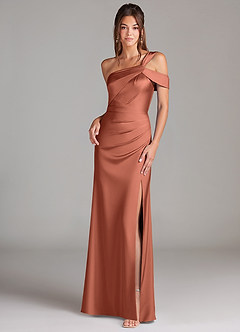 Azazie Wynter Bridesmaid Dresses Clay Sheath Off the Shoulder Stretch Satin Dress image1