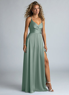 Azazie Davis At-home Try On Dresses Agave A-Line Pleated Stretch Satin Dress image5