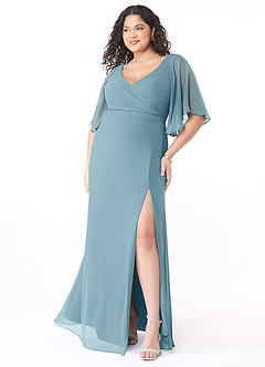 Azazie Cierra Robes de demoiselle d'honneur Robe Trapèze en Mousseline de soie Col en V Bleu Maussade image9