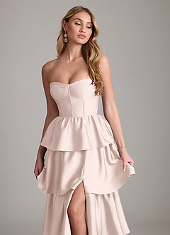 Azazie Faye Bridesmaid Dresses Blushing Pink A-Line Ruched Stretch Satin Dress image5