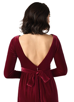 Azazie Brynn At-home Try On Dresses Burgundy A-Line Long Sleeve Velvet Dress image5