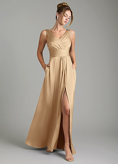 Azazie Karina Robes de demoiselle d'honneur Robe Trapèze en Satin extensible Plissée Champagne image1