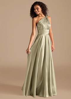 Azazie Charlize Bridesmaid Dresses Moss Green A-Line One Shoulder Metallic Satin Dress image6
