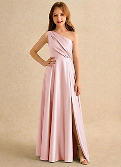 Azazie Puddles Girls Formal Robe Demoiselle D'honneur Fillette Robe Trapèze en Satin extensible Une épaule Rose Pâle image1