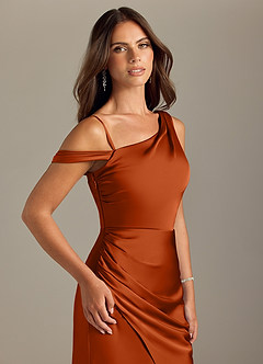 Azazie Madelyn Bridesmaid Dresses Burnt Orange Mermaid Off the Shoulder Stretch Satin Convertible Dress image6