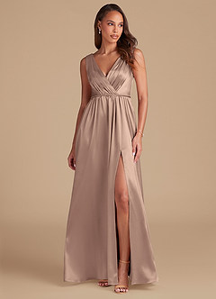 Azazie Tanicia Bridesmaid Dresses Taupe A-Line Pleated Metallic Satin Dress image1