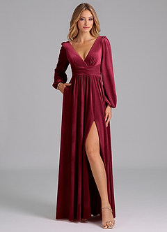 Azazie Norah Bridesmaid Dresses Burgundy A-Line Long Sleeve Velvet Dress image3