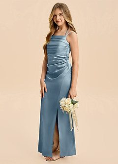 Azazie Nova Junior Dusty Blue A-Line Pleated Stretch Satin Dress image4