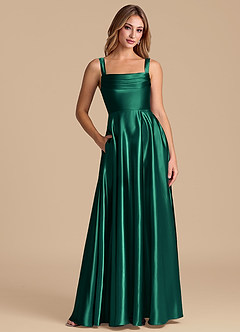 Azazie Shaude Bridesmaid Dresses Emerald A-Line Pleated Metallic Satin Dress image1