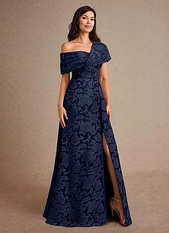 Azazie Milton Mother of the Bride Dresses Dark Navy A-Line Pleated Floral Burnout Dress image5