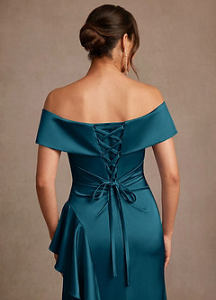 Azazie Kirsty Mother of the Bride Dresses Ink Blue Sheath Off the Shoulder Stretch Satin Dress image6