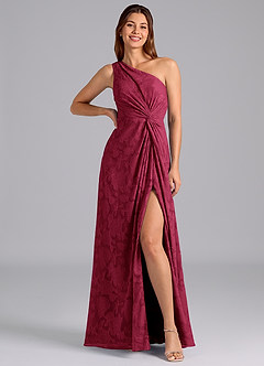 Azazie Brooke Robes de demoiselle d'honneur Robe Trapèze en Blumen-Burnout Ue épaule Bourgogne image3