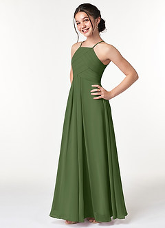 Azazie Ginger Junior Olive A-Line Pleated Chiffon Dress image3