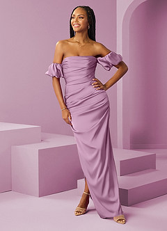 Barbie ♥ Azazie Robes de demoiselle d'honneur Robe Fourreau Convertible en Satin extensible Épaule décolletée Glycine image3