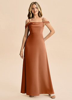 Azazie Lettie Junior Abito A-Line in Raso Elasticizzato a Spalla Scoperta Rame image4