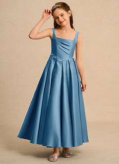 Azazie Mochi Girl vestidos de niña de las flores Vestido de Azul Acero de Satin Mate de Princesa con Plisado image6